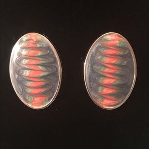 Blue Green Pink Silver Tone Earrings